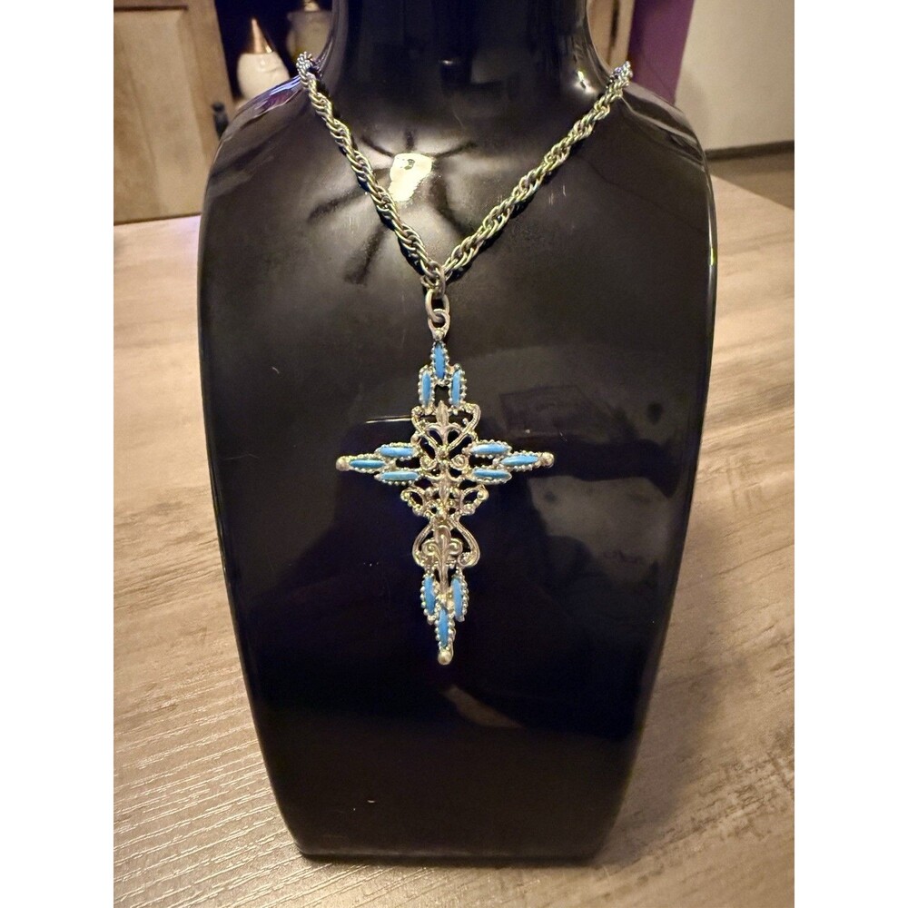 Vintage Faux Turquoise Ornate Filagree Cross Pendant 24" Necklace Silver Tone